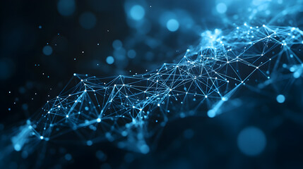 Abstract waves cover the low polygonal triangle background, creating a futuristic and dynamic effect. The combination of neon colors and geometric shapes adds a modern technological feel