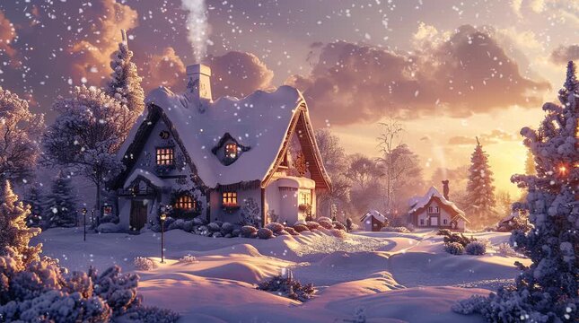 A whimsical fantasy house set against a snowy winter landscape, surrounded by magical snow-covered trees and glowing lights
 Seamless looping 4k time-lapse virtual video animation Generated AI