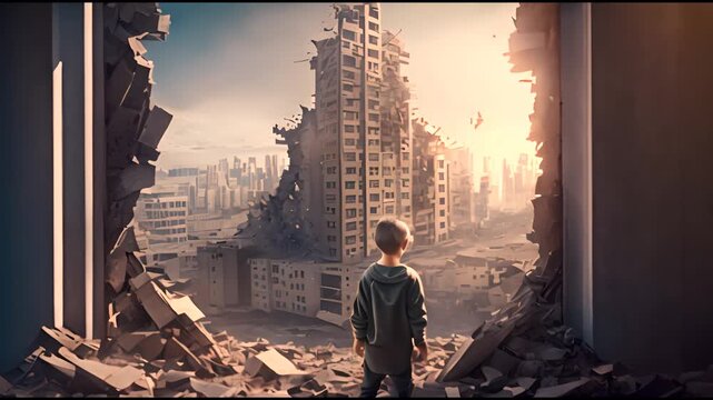 A lonely boy in an abandoned old children's school, old walls, abandoned strange left of our desert scenery, cinema view, atmospheric light of empty destroyed rooms. 