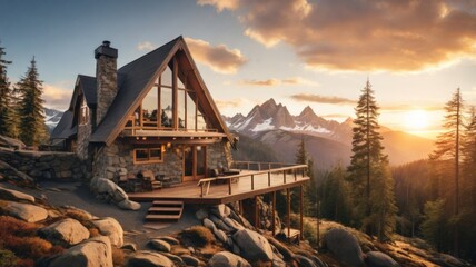 A Charming A-Frame Mountain Cabin. Perched on a Rocky Hillside with Panoramic Views of Evergreen Valleys and Majestic Mountains