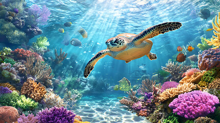 Fototapeta premium Vibrant, colorful coral reefs, underwater paradise, tropical fish, high quality, photorealistic, clear turquoise water, marine life, scuba diving, snorkeling, breathtaking, vibrant, exotic, 