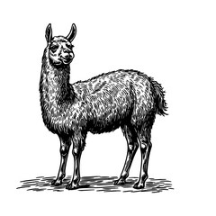 Vector illustration of a llama in the style of a black-and-white vintage engraving with detailed line and texture work, an elegant and refined drawing for print and design © Natali Gaikova