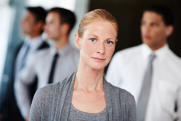 Lawyers, business people and portrait of woman in office for teamwork, collaboration and legal career. Corporate attorney, law firm and workers for meeting, job and pride for consulting company