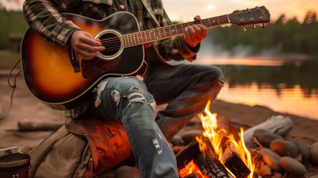 Guitarist seated by a campfire playing music during a lakeside evening.