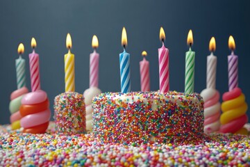 Celebration birthday cake with colorful sprinkles and twenty one colorful birthday candles with copy-space with generative ai