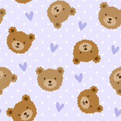 brown teddy bear cute hand drawn face with hearts and polka dot texture, pastel purple seamless pattern background