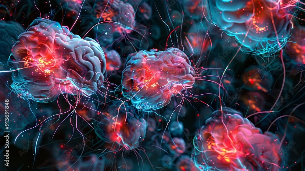 Poster a close-up of abstract brain cells, illuminated with vibrant red and blue hues. the cells are connec