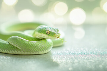 Obraz premium Close-up of a green snake with intricate scales lying on glittering sand. Golden bokeh lights create a magical and exotic atmosphere. A New Year's banner symbolising the Year of the Green Snake is use