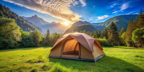 Large brown dome camping tent situated in lush green grass amidst trees and mountains under a clear blue afternoon sky.