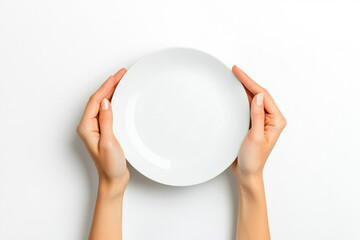 woman hand hold empty white plate on white background for mockup food