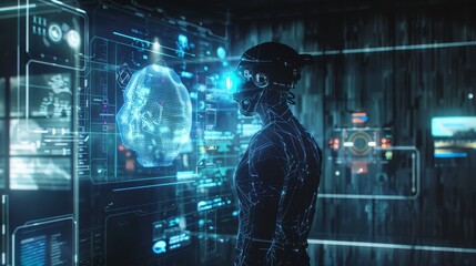 Naklejka premium A cyborg, wearing a futuristic headset, interacts with a virtual reality display, showcasing data and information, symbolizing technology, innovation, artificial intelligence, cyberspace