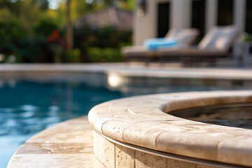 A close-up of a pristine swimming pool with a stone coping and pebble tile border. The tranquil blue water and lush greenery in the background