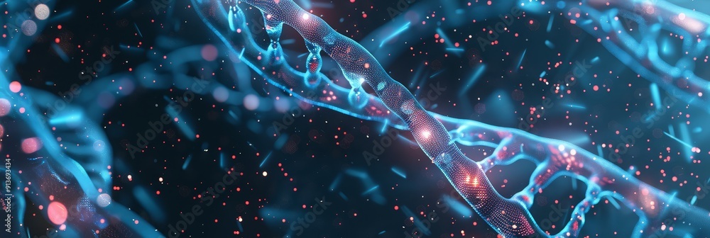 Poster a digital abstract image of a dna structure with blue and red colors. it symbolizes science, genetic