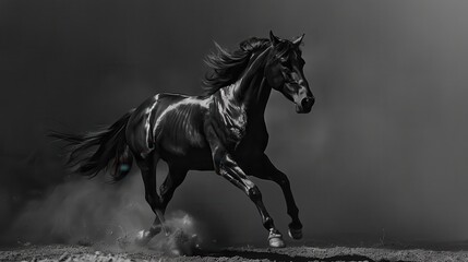Obraz premium Black Horse. Galloping Black Horse in Dark Arena. Equestrian Beauty in Black and White.