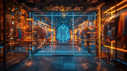 Augmented reality shopping, virtual fitting room, 3D illustration,