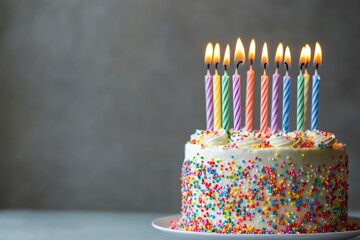 Celebration birthday cake with colorful sprinkles and twenty one colorful birthday candles with copy-space with generative ai