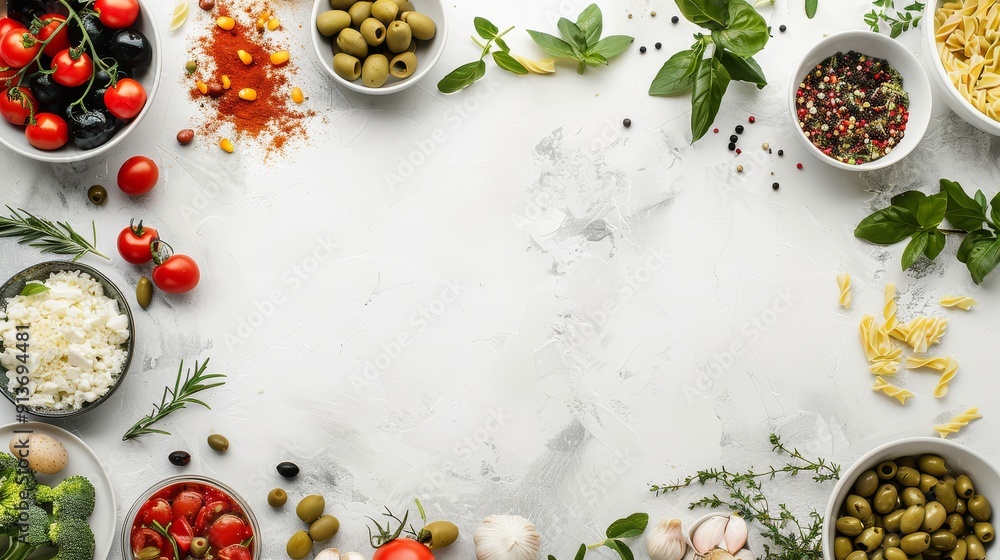 Wall mural A flat lay shot showcasing a variety of fresh ingredients, including cherry tomatoes, green olives, garlic, basil, and herbs, surrounding a blank space perfect for displaying food or recipe ideas.