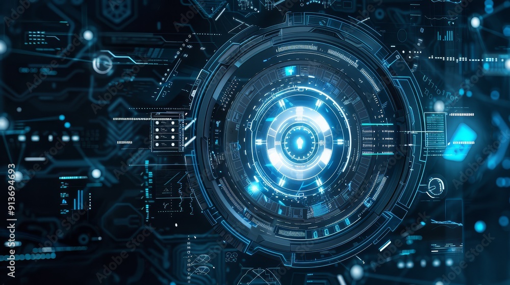 Poster a futuristic and abstract digital network design featuring a glowing blue circle within a larger cir