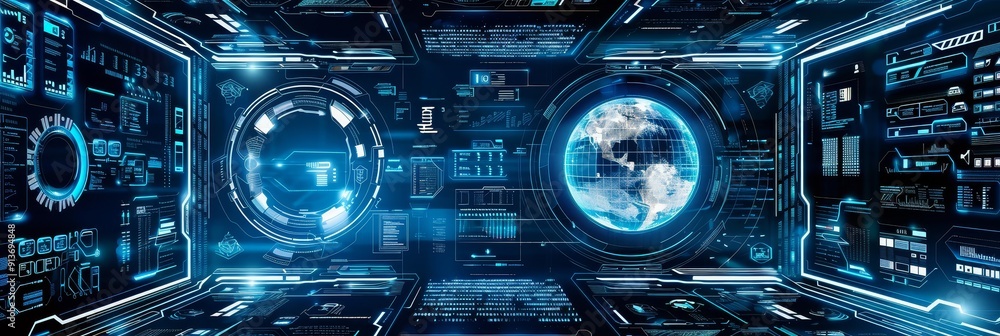 Poster a futuristic digital interface with glowing blue screens displaying global data, symbolizing connect