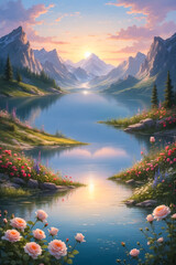 A beautiful, pale sunset over a lake and mountains with wild flowers and roses
