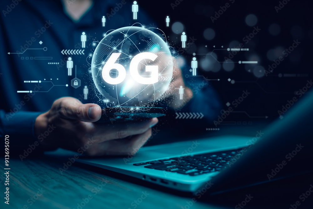 Poster global network connection 6g on hand business man.global network connection 6g with icon concept, te