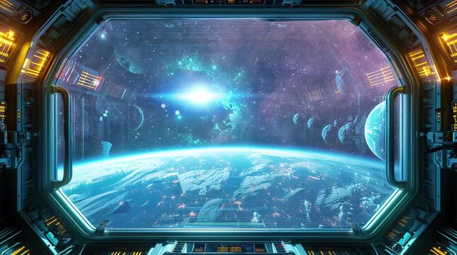 Galaxy visible through a spaceship window, showcasing a stunning view of cosmic beauty and interstellar space
 Seamless looping 4k time-lapse virtual video animation Generated AI