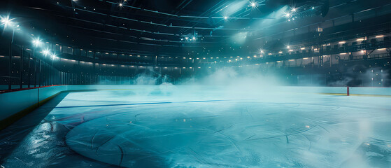 Professional ice rink sport arena.Hockey stadium with spotlights, steam. Ice textured background. Sport banner with copy space. Generative ai.