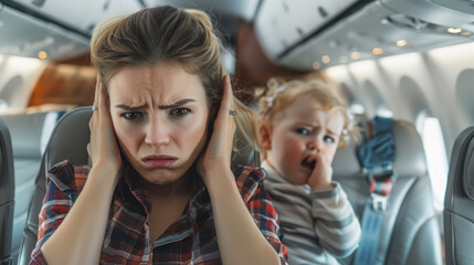 A child is screaming in the cabin of an airplane. The disgruntled woman was tired of the child's cry.