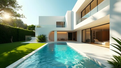 Fototapeta premium A beautiful white villa with a large lawn and swimming pool