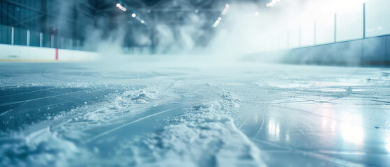 Professional ice rink sport arena.Hockey stadium with spotlights, steam. Ice textured background. Sport banner with copy space. Generative ai.
