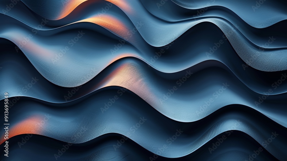 Poster flowing waves of textured material reflecting soft light in dim environment