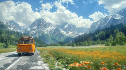 Van on road with meadows, mountains, 3D style, triadic color scheme