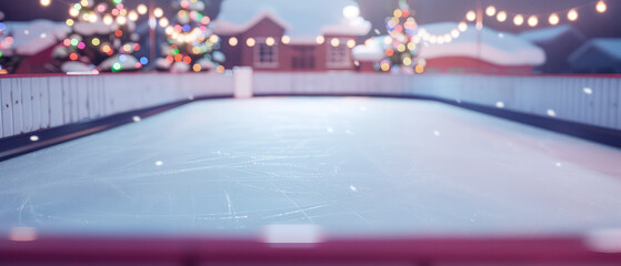 Naklejka premium Empty Ice skating rink background with lights, decoration. Outdoor Christmas lesure. Happy winter holidays vacation. Generative ai