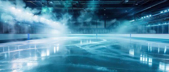 Professional ice rink sport arena.Hockey stadium with spotlights, steam. Ice textured background. Sport banner with copy space. Generative ai.