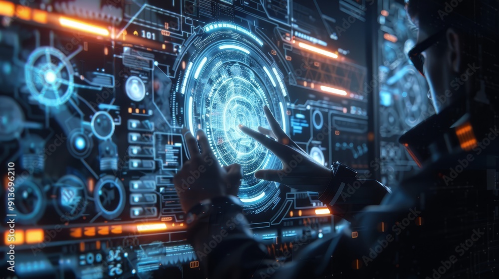 Poster a hacker interacts with a futuristic digital interface, symbolizing technology, coding, cyber securi