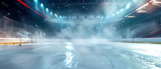 Professional ice rink sport arena.Hockey stadium with spotlights, steam. Ice textured background. Sport banner with copy space. Generative ai.