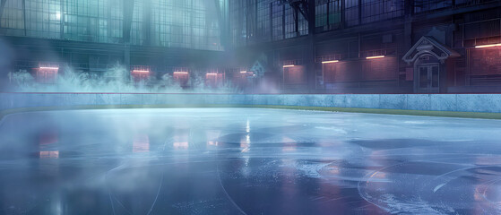 Fototapeta premium Empty Ice skating rink background with lights, decoration. Outdoor Christmas lesure. Happy winter holidays vacation. Generative ai