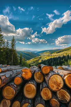 Scenic landscape of cut logs in the forest against a backdrop of mountains and blue sky. Concepts of deforestation, natural resources, and environmental impact