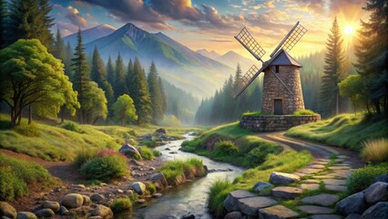 Cozy fantasy stone windmill in spring forest with cobblestone path, babbling brook, stone wall