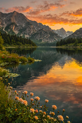 A beautiful, pale sunset over a lake and mountains with wild flowers and roses