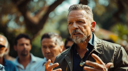 A middle-aged man with a gray beard speaks passionately while gesturing with his hands in an outdoor setting. He is surrounded by a blurred group of people, indicating a discussion or gathering.