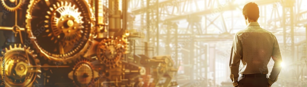 Poster a man stands in front of a large industrial machine with gears, symbolizing complexity, progress, te