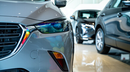 Car parked in luxury showroom. Car dealership office. Car showroom business. New car parked in modern showroom. Auto for sale and rent business. Automobile leasing and insurance. Electric automobile.