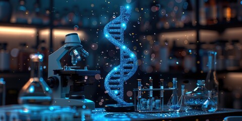 A high-tech laboratory setting with a glowing DNA double helix model in the center. Surrounding the model are various scientific instruments, including a microscope