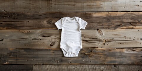 A simple white baby onesie laid flat on a rustic wooden surface. The minimalist design highlights the soft fabric and clean lines, perfect for showcasing baby clothing.