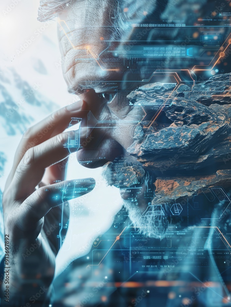 Poster a man's face is partially obscured by a digital overlay, symbolizing the intersection of technology 