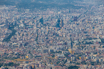 A view over the capital city Tirana. seen from the mount Dajti, the highest mountain near the city with an altitude of 1613 meters and accessible with the only express cable car  in Albania