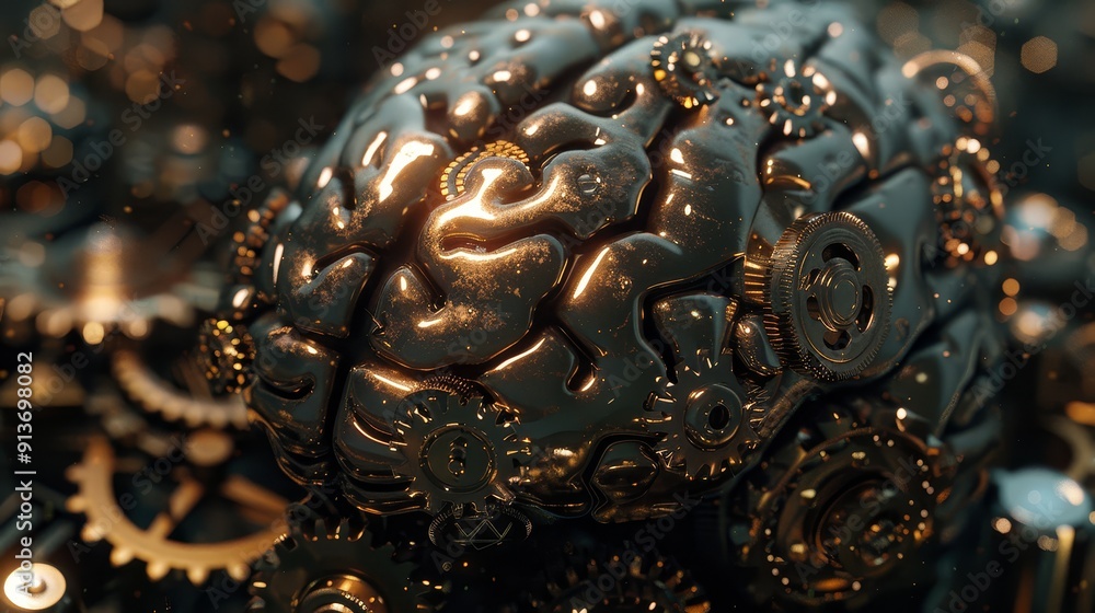 Aufkleber a metallic human brain with intricate gears and cogs, representing the complex mechanisms of thought