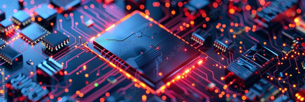 Poster a microchip with glowing red lights, symbolizes the power of technology, innovation, and the future 