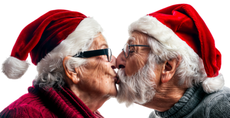 Elderly Couple Sharing a Kiss While Wearing Santa Hats on Transparent Background, Perfect for Heartwarming Holiday Campaigns